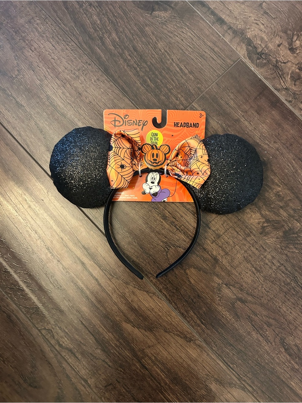 Disney Black Glitter Minnie Ear Headband with Orange Spiderweb Bow